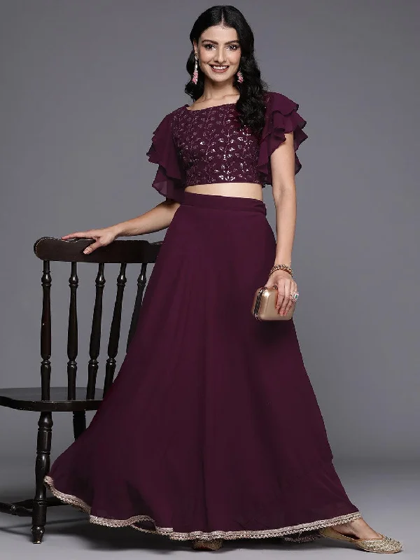 Wine Embroidered Georgette Lehenga Set