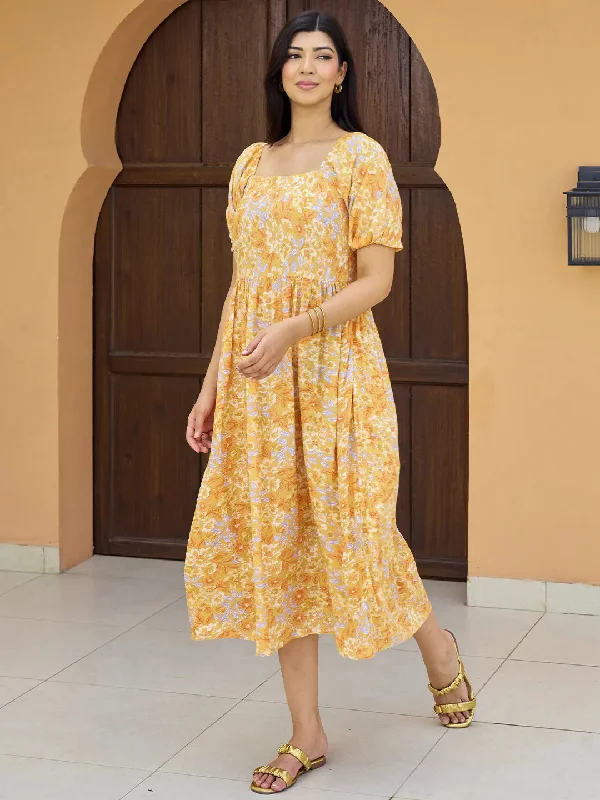 Yellow Printed Rayon Fit and Flare Dress