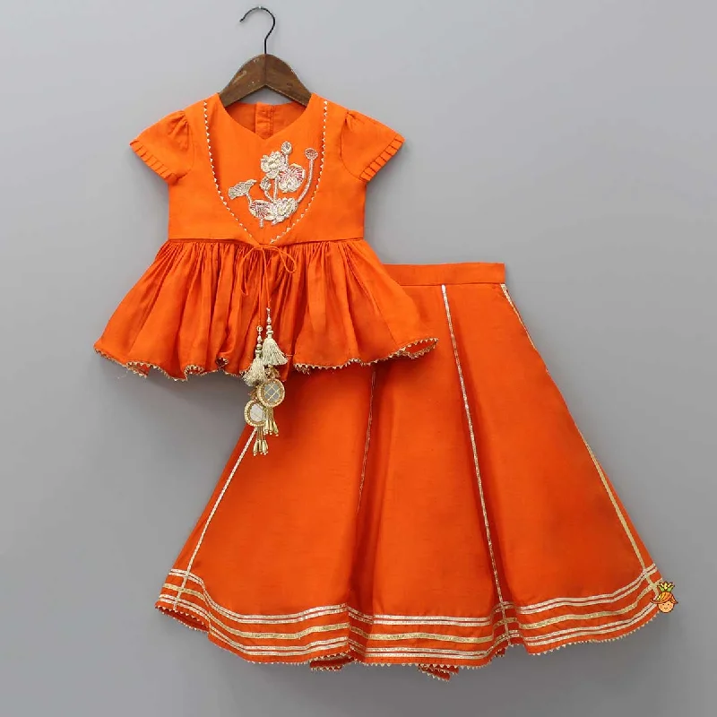 Zardozi Embroidered Orange Dual Flaps Top And Lehenga