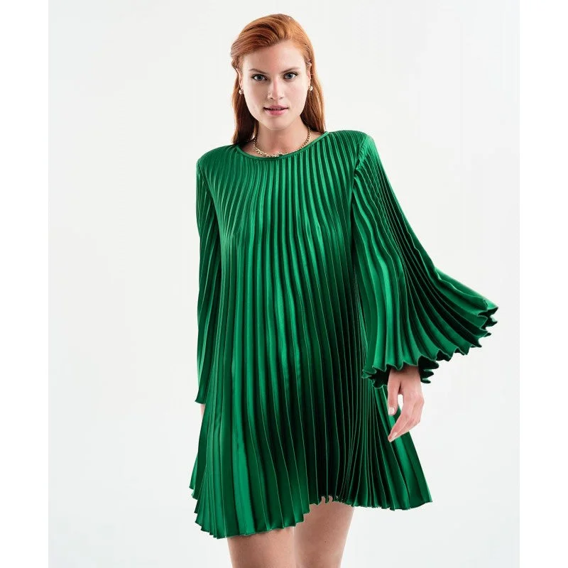 Access Fashion Green Long Sleeve Pleated Mini Dress