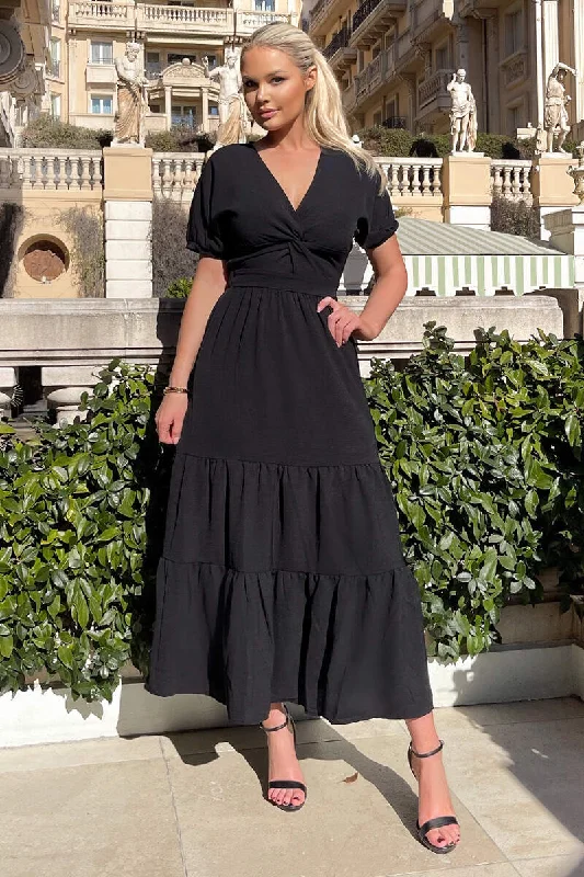 Black Twist Front Maxi Smock Dress