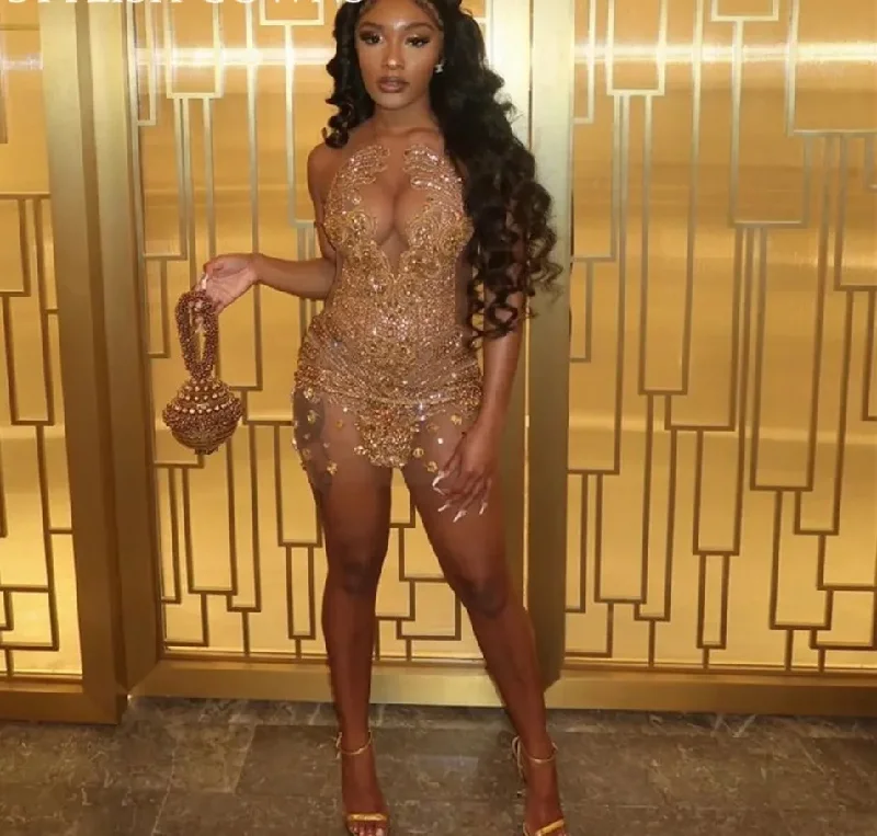 Luxury Gold Cocktail Dresses Sheer O Neck Short Prom Beaded Birthday Party Gowns Crystal Celebrity Dress Mini Graduation Robe D