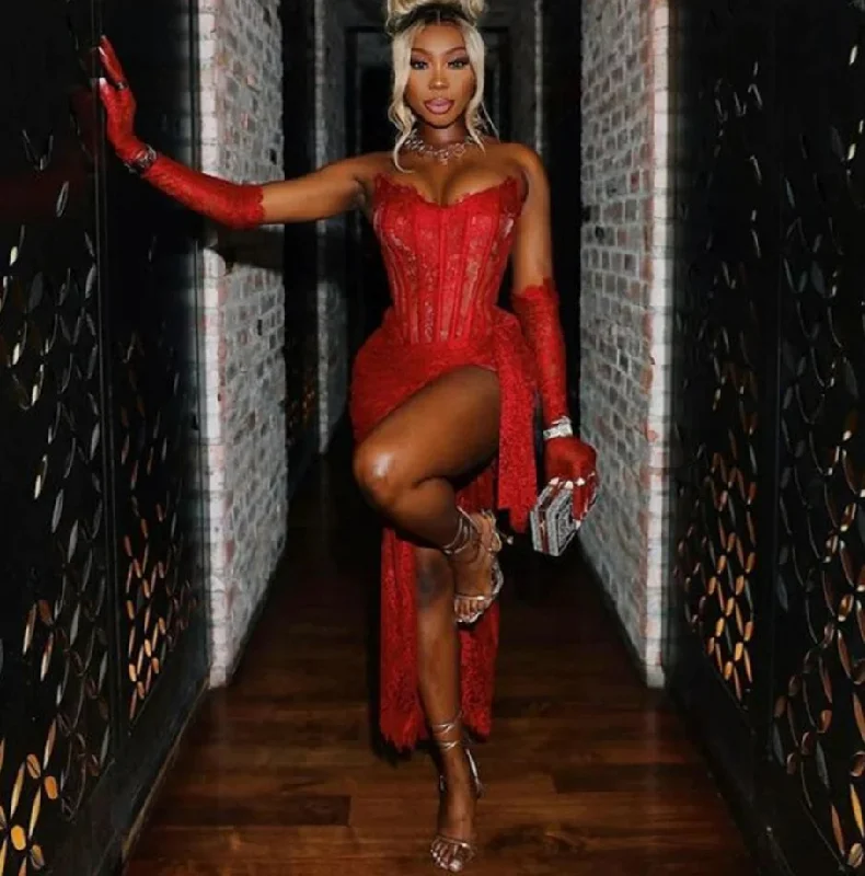 Sexy Red Short Prom Dress 2024 For Black Girls Lace Birthday Party Gowns With Gloves Mini Cocktail Homecoming