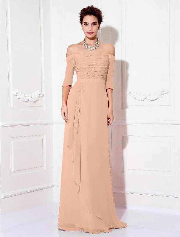 Sheath / Column Minimalist Dress Wedding Guest Sweep / Brush Train Half Sleeve Off Shoulder Chiffon with Ruched Draping