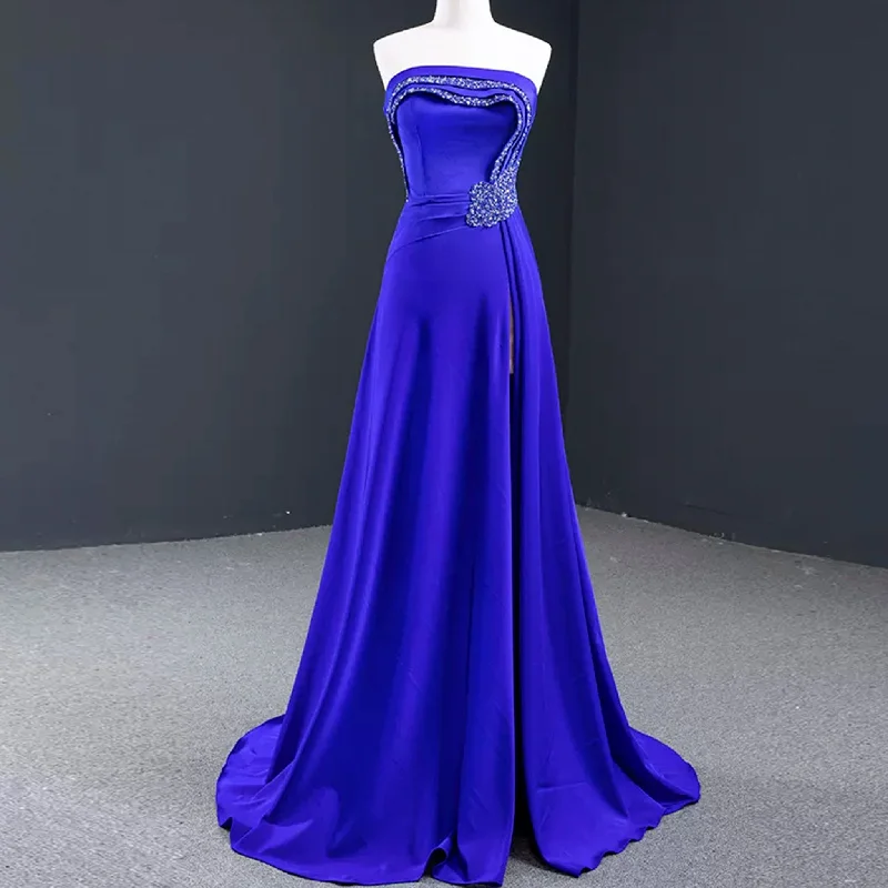 A-line Luxury Prom Dress Beaded Evening Gown with Leg Slit