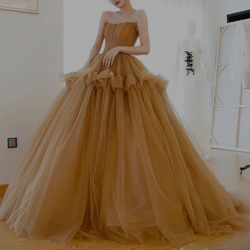 Deep Champagne Tulle Evening Dress Party Gown with Puffy Skirt