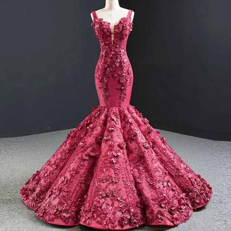 Deep V 3D Floral Burgundy Trumpet Evening Dress Prom Gown