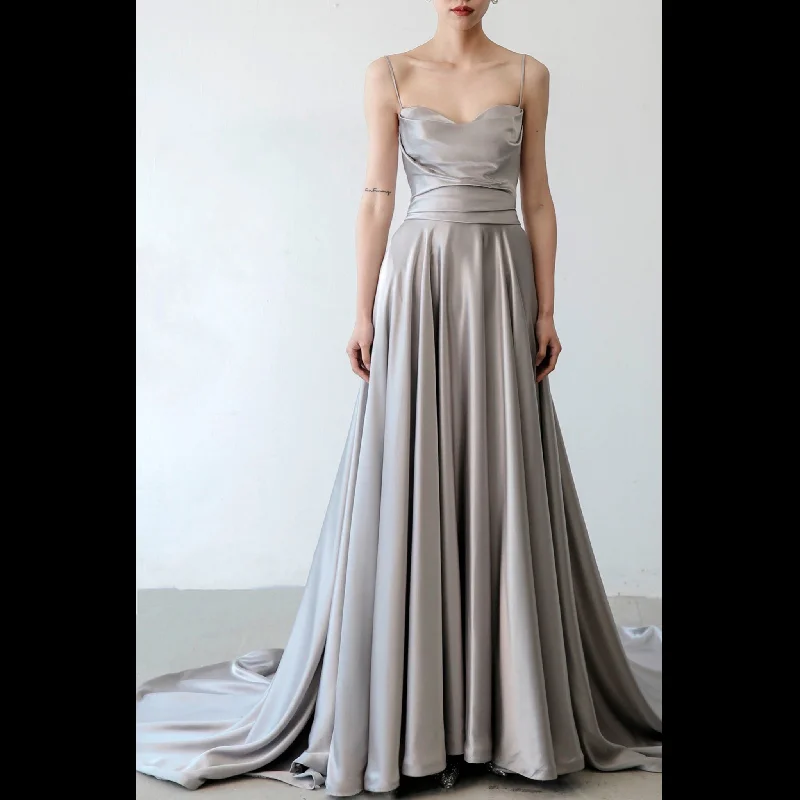 Elegant Crepe Satin Prom Party Dresses Evening Gowns with Pocket