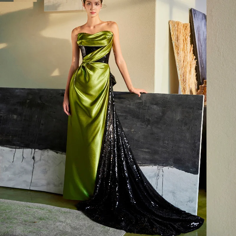 Green and Black Evening Dress Party Gown with Black Bowknot