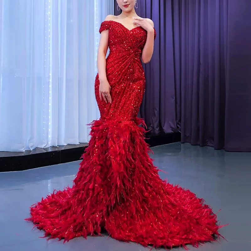 High-end Luxury Red Evening Dress Trumpet Prom Gown with Feathers