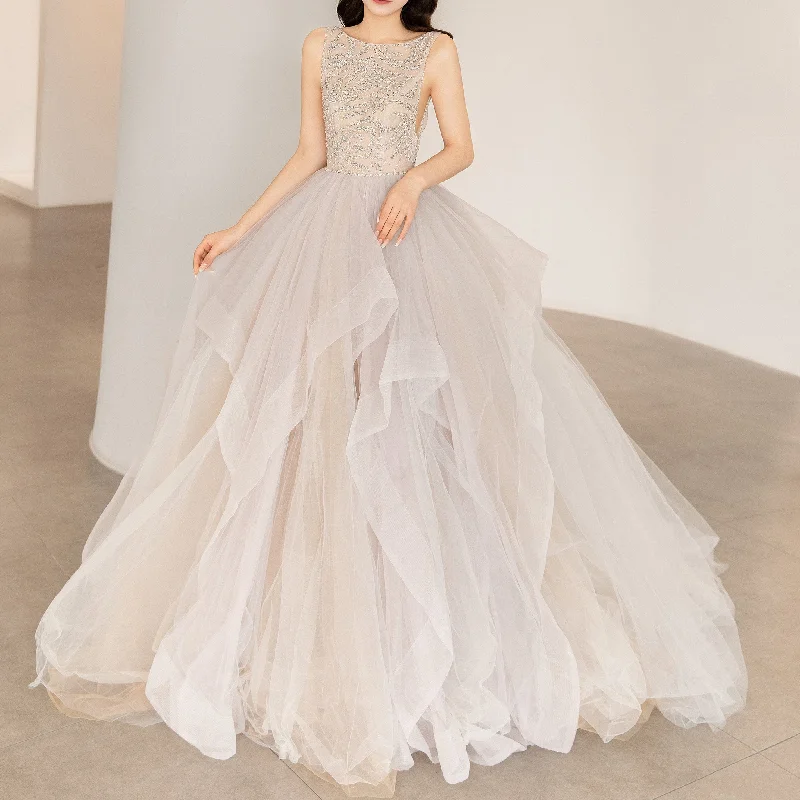 High Illusion Neckline Formal Dress Evening Gown with Ruffle Skirt