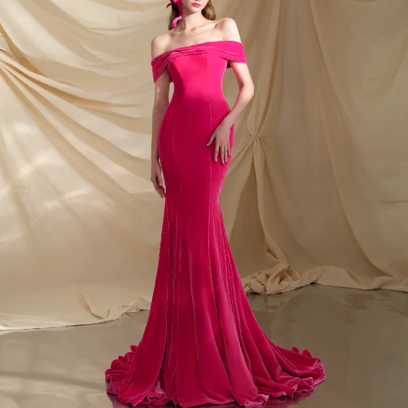 Hot Pink Velvet Off the Shoulder Mermaid Formal Dress Party Dress