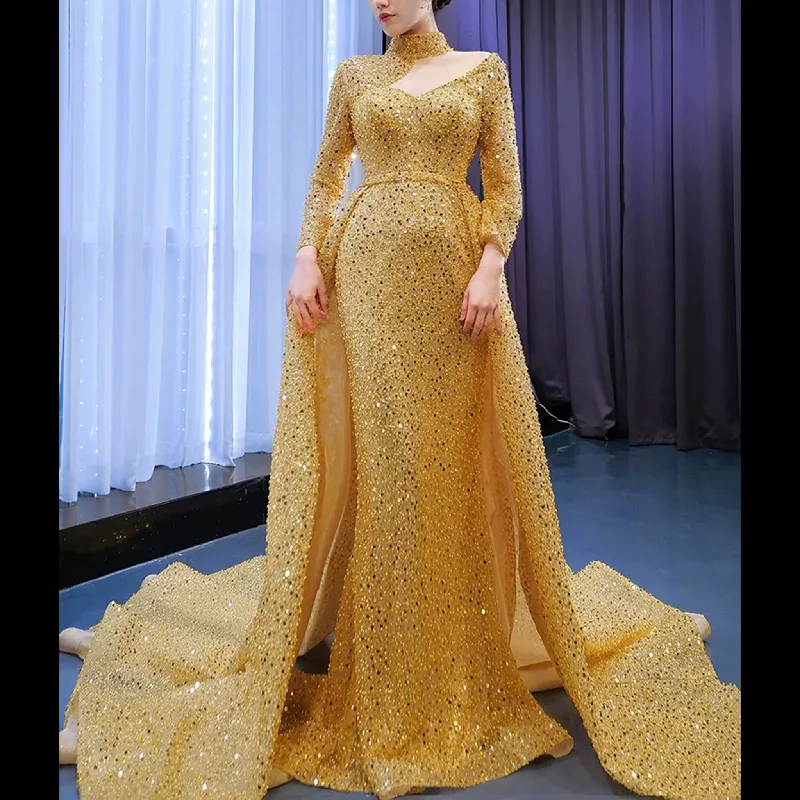 Long Sleeve Sparkly Gold Sequins Evening Dress Mock Neck Prom Gown