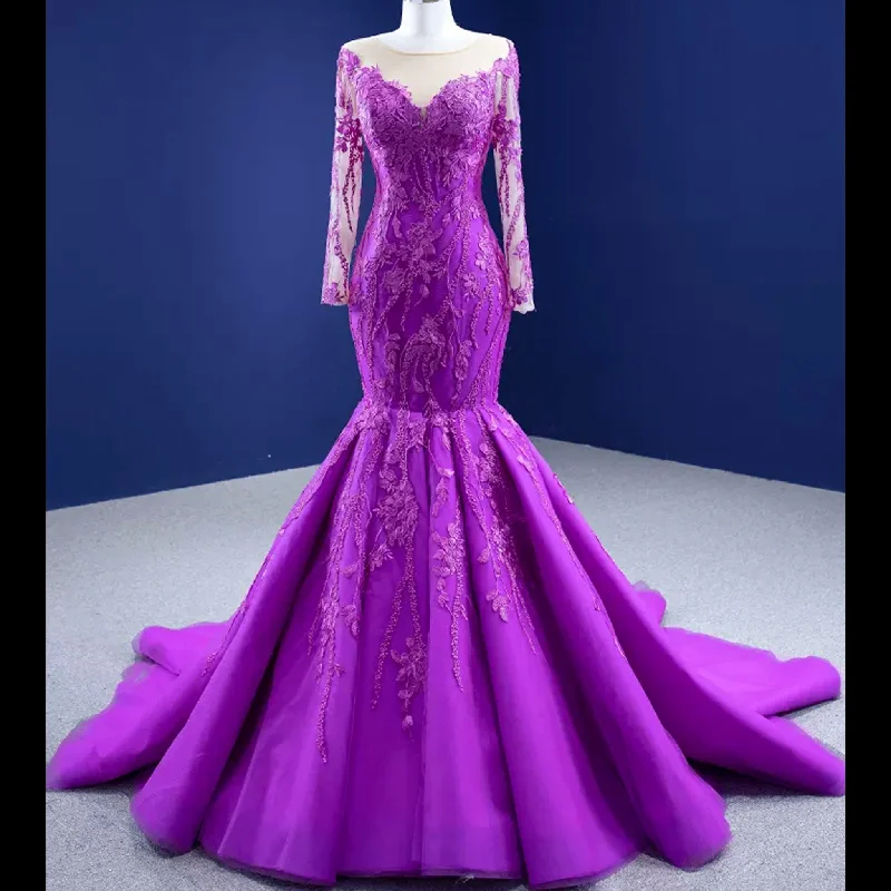 Luxury Evening Wear Long Sleeve Lace Party Dress Purple Prom Gown