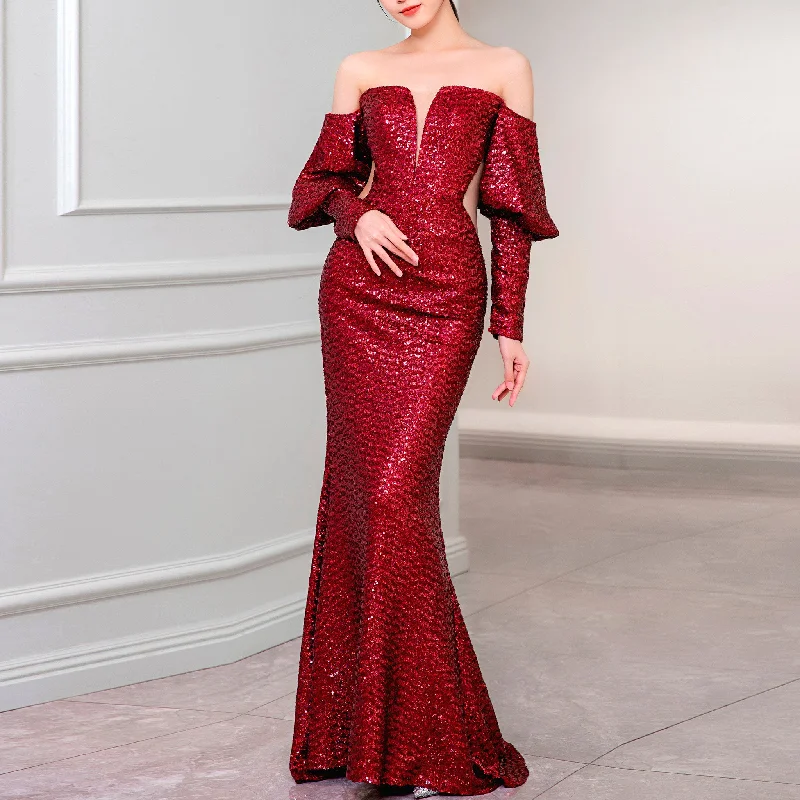 Off the Shoulder Long Sleeve Burgundy Sparkly Evening Dress