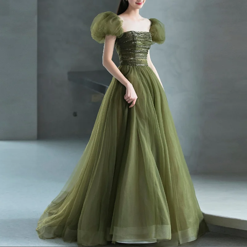 Olive Tulle A-line Formal Dress Party Gown with Short Sleeve