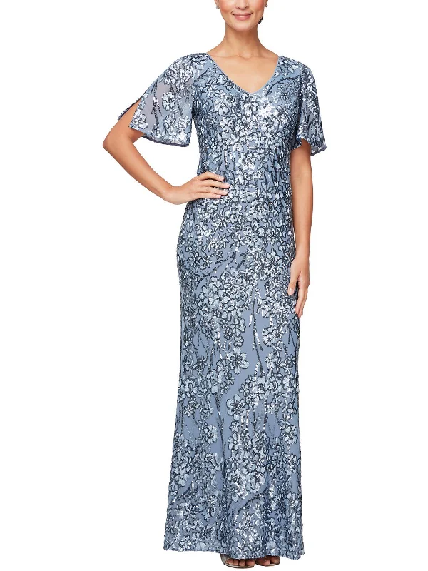 Petites Womens Sequined Cold Shoulder Evening Dress