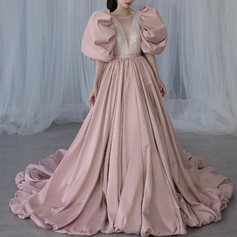 Puffy Half Sleeve Pink Satin Formal Gown Party Dress with Deep Vneck