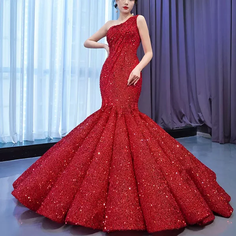 Red One Shoulder Luxury Evening Dress Sequins Trumpet For Women Party