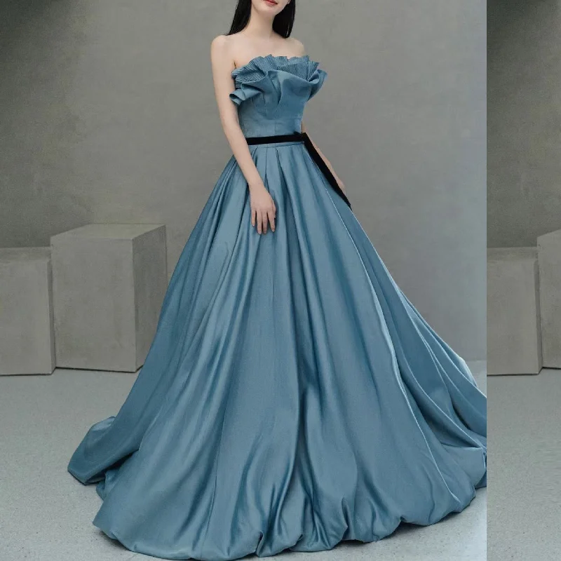 Strapless Ruched Top Steel Blue Formal Party Dresses for Women