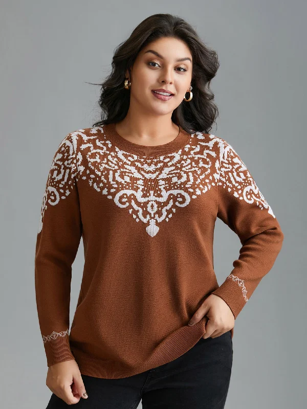 Bandana Jacquard Pattern Round Neck Pullover