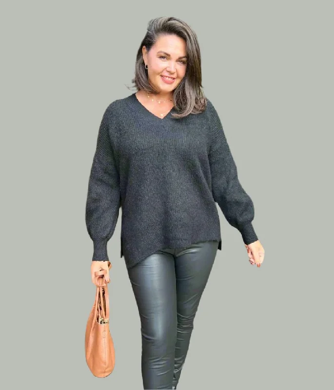 Black Ribbed V Neck Jumper