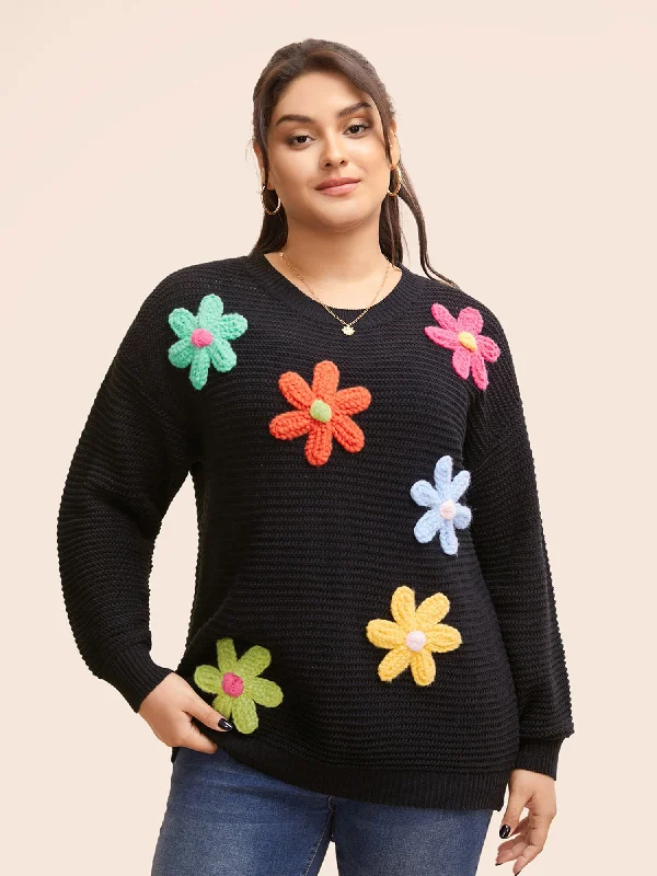 Colored Crochet Floral Drop Shoulder Sleeve Pullover