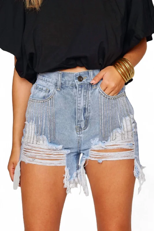 Elvis Crystal Fringe Denim Shorts In Light Wash