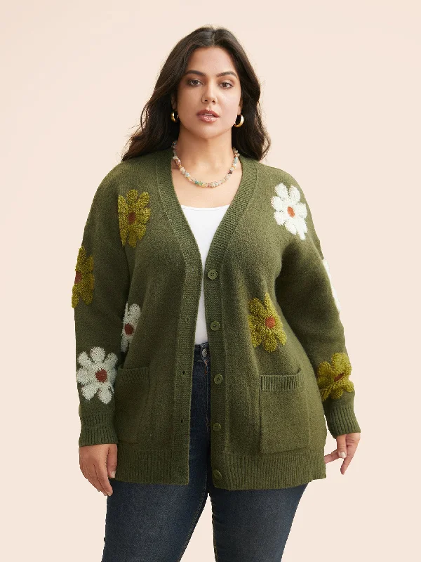 Floral Texture Slit Hem Patch Pocket Cardigan