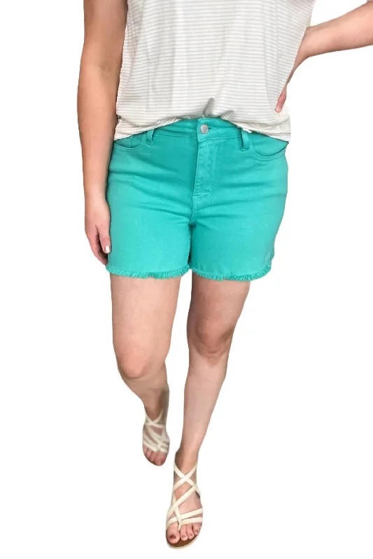 Mid Rise Fray Hem Shorts In Aquamarine