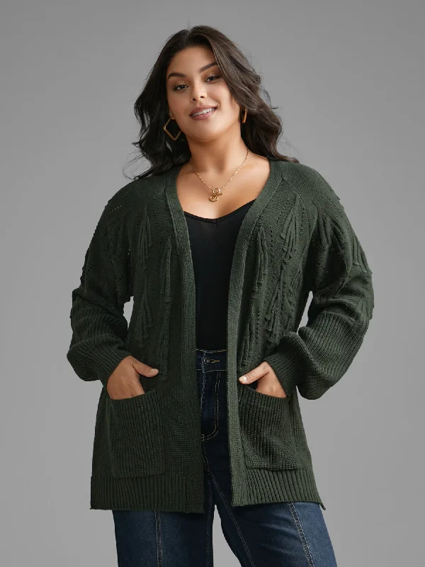 Textured Lantern Sleeve Split Hem Cardigan