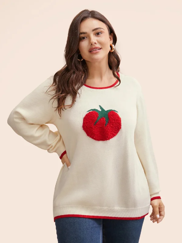 Tomato Pattern Embroidered Contrast Trim Pullover